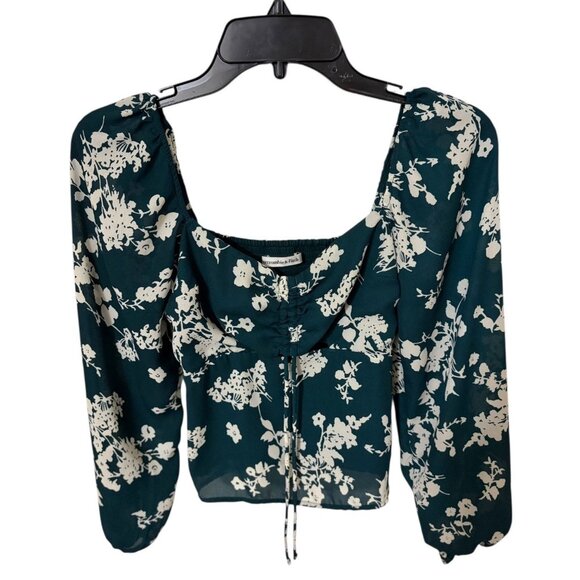 Abercrombie & Fitch Floral Long Sleeve Ruched Crop Top Teal Green Women’s Small - Picture 1 of 6